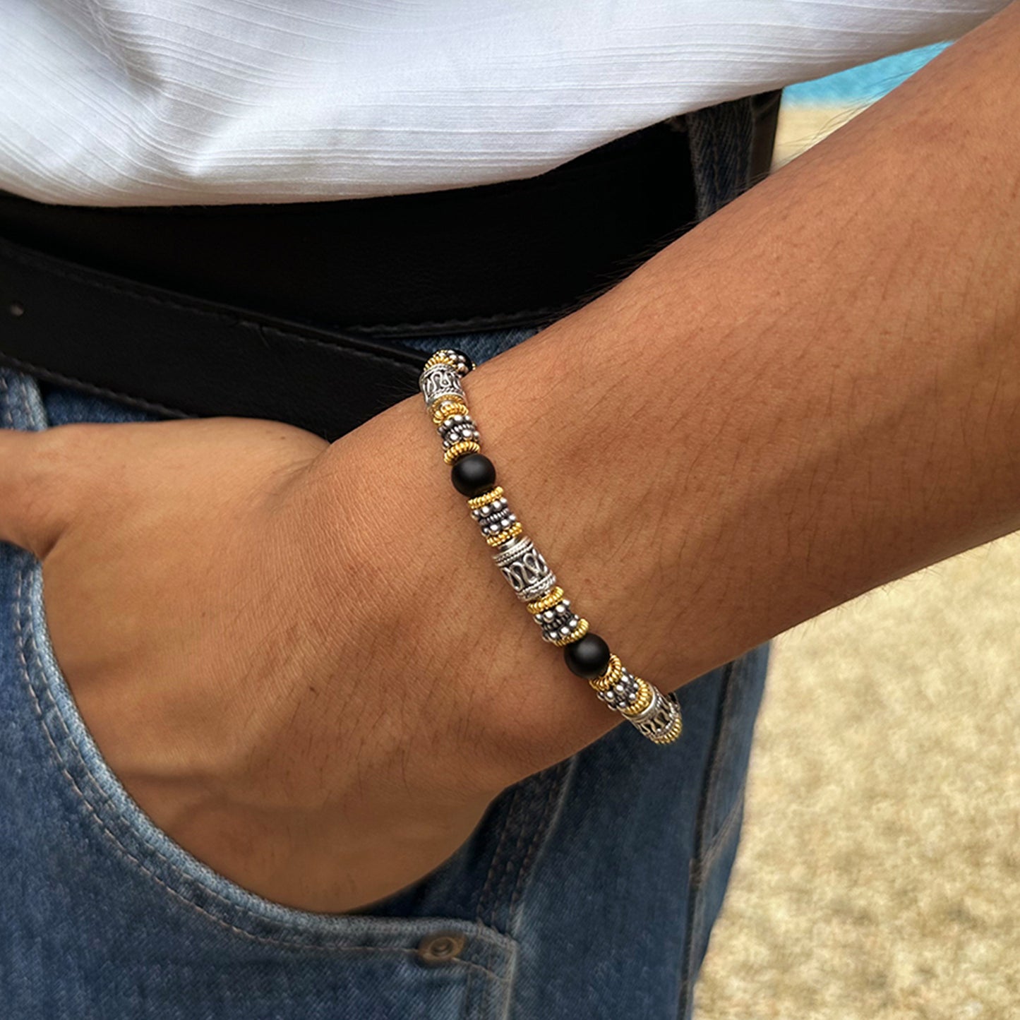Matte Black Onyx, Sterling Silver, and Gold Vermeil