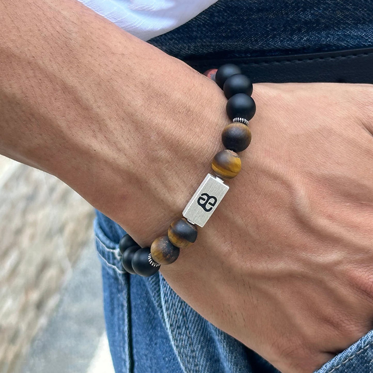 Gemischtes Tigerauge, Onyx und Silber