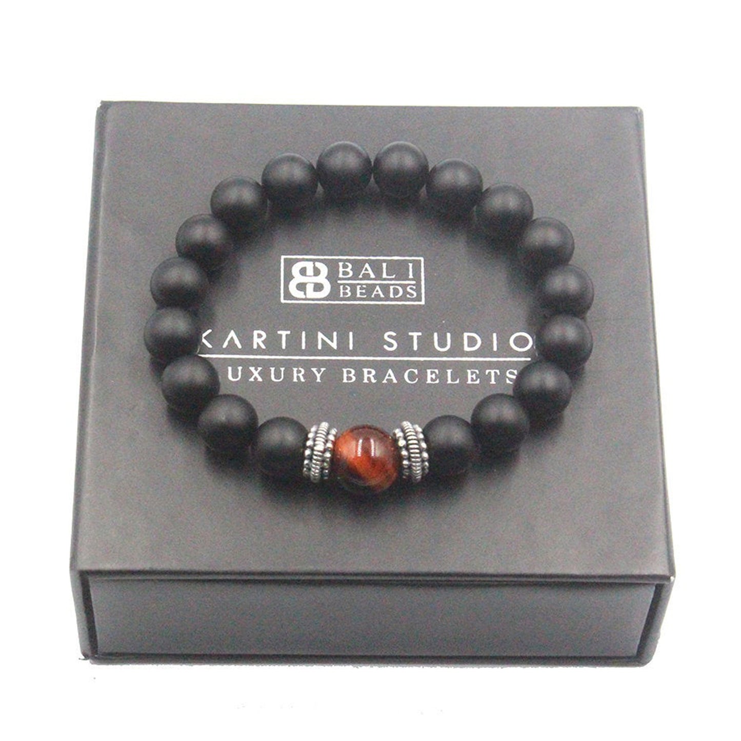 Mattschwarzer Onyx, rotes Tigerauge und Silber
