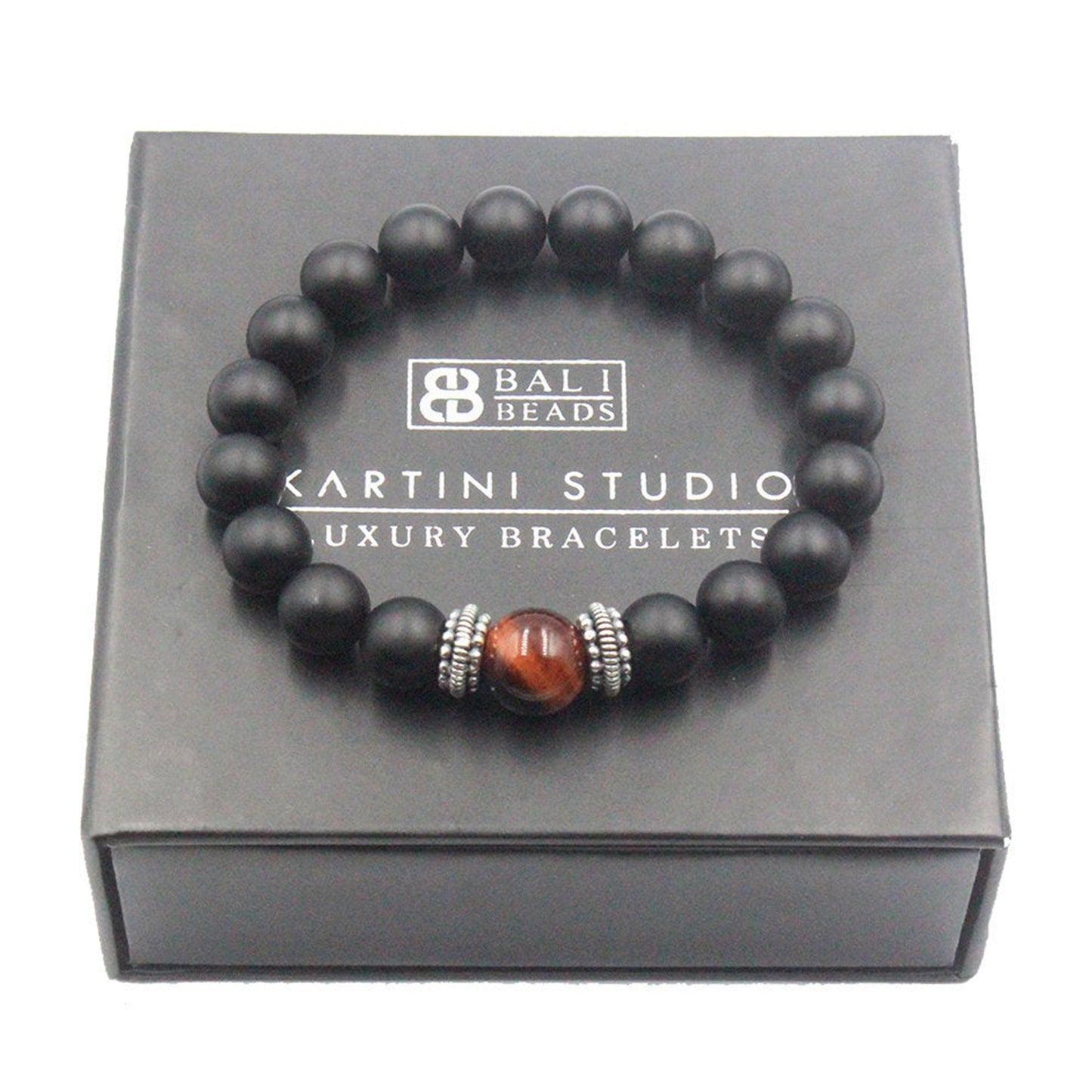 Mattschwarzer Onyx, rotes Tigerauge und Silber