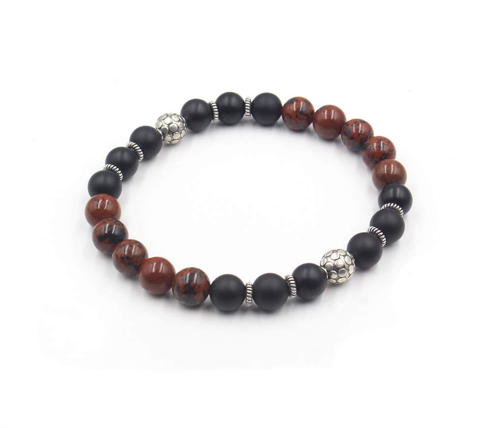 Mattes schwarzes Onyx, Mahagoni-Obsidian und Sterling-Silber-Armband, Perlenarmband für Herren