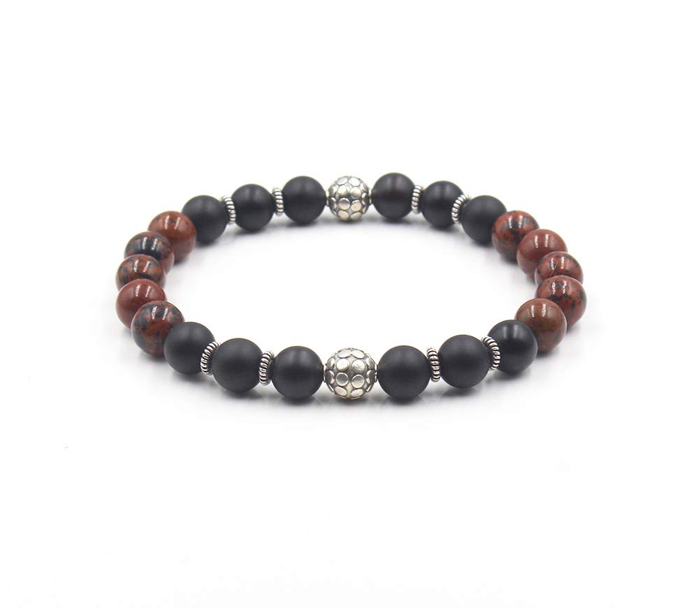Mattes schwarzes Onyx, Mahagoni-Obsidian und Sterling-Silber-Armband, Perlenarmband für Herren