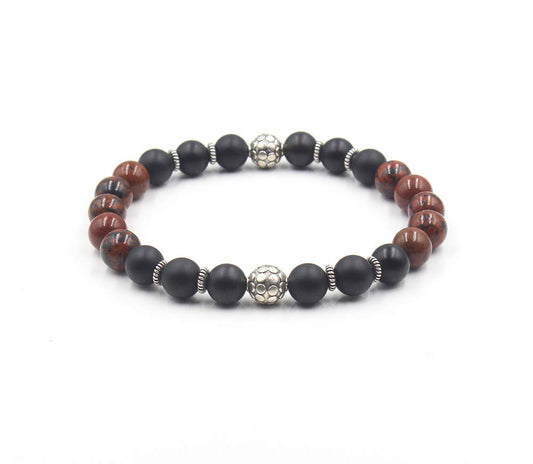 Mattes schwarzes Onyx, Mahagoni-Obsidian und Sterling-Silber-Armband, Perlenarmband für Herren