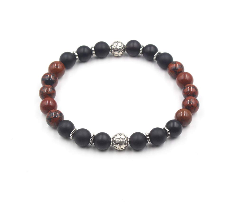 Mattes schwarzes Onyx, Mahagoni-Obsidian und Sterling-Silber-Armband, Perlenarmband für Herren