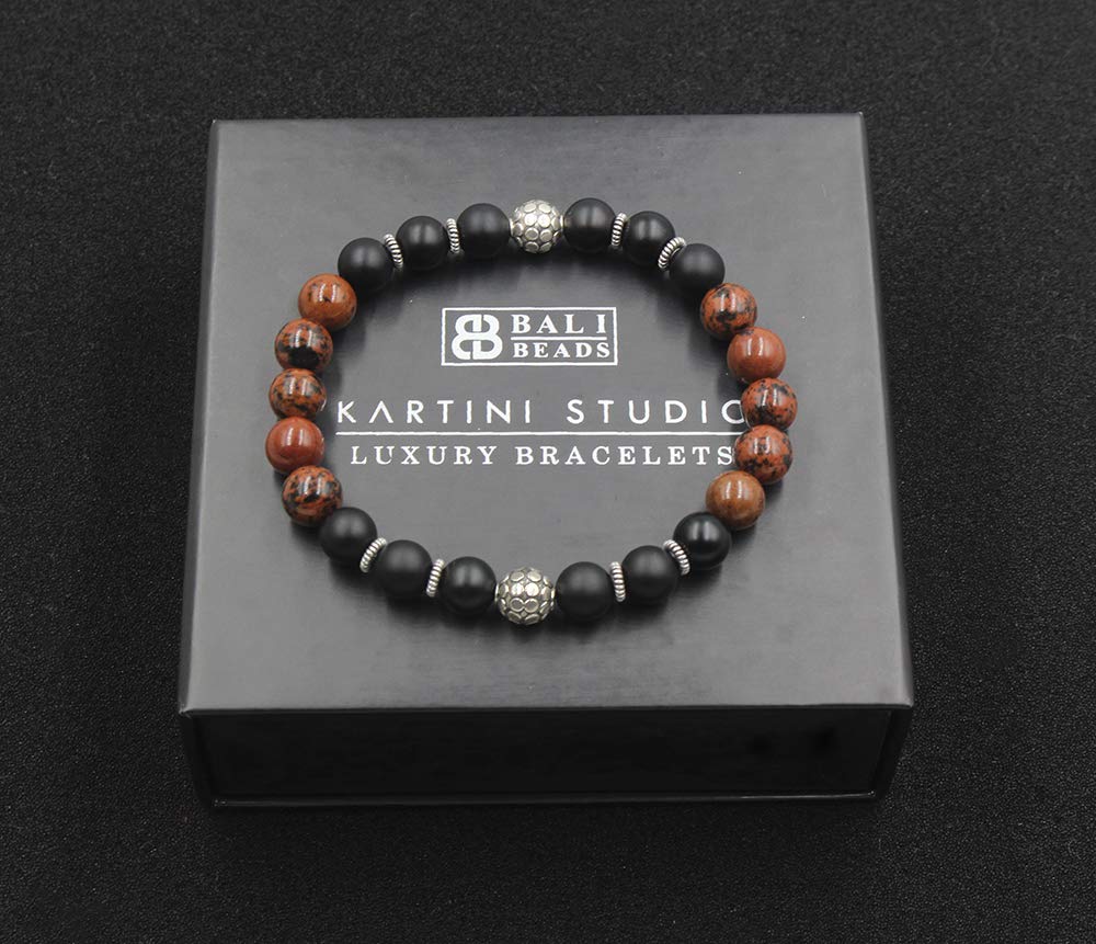 Mattes schwarzes Onyx, Mahagoni-Obsidian und Sterling-Silber-Armband, Perlenarmband für Herren