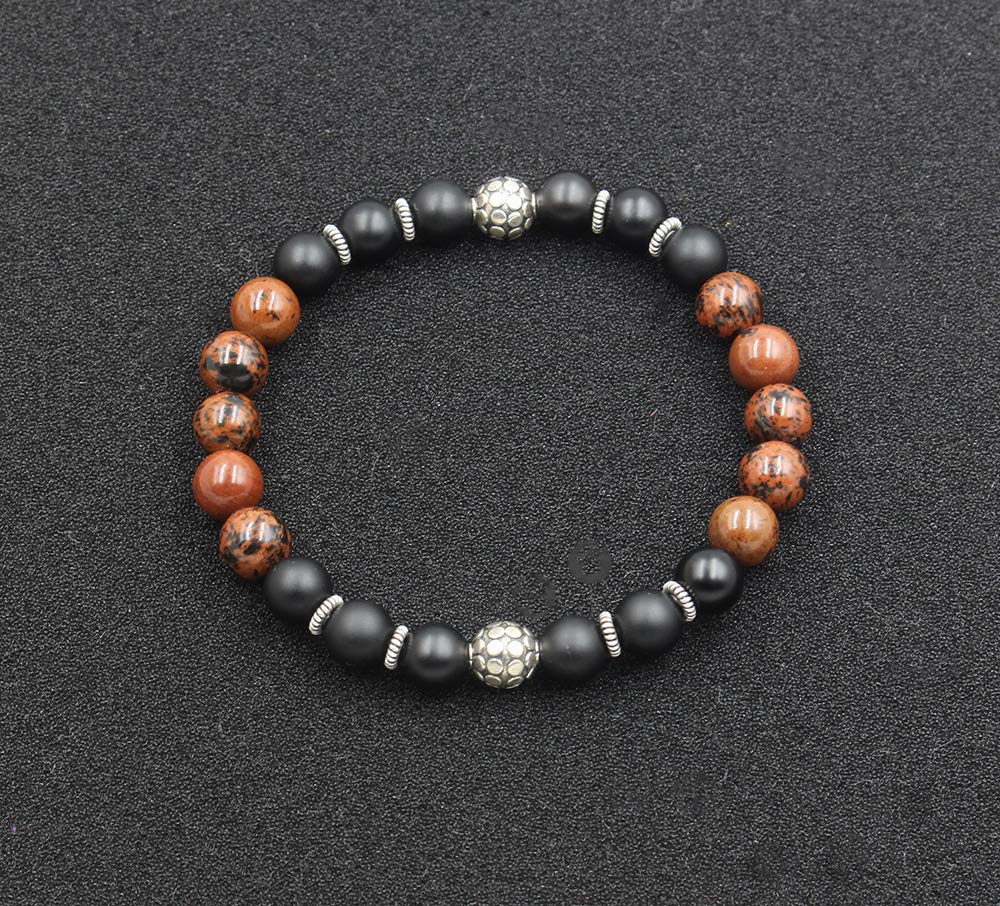 Mattes schwarzes Onyx, Mahagoni-Obsidian und Sterling-Silber-Armband, Perlenarmband für Herren