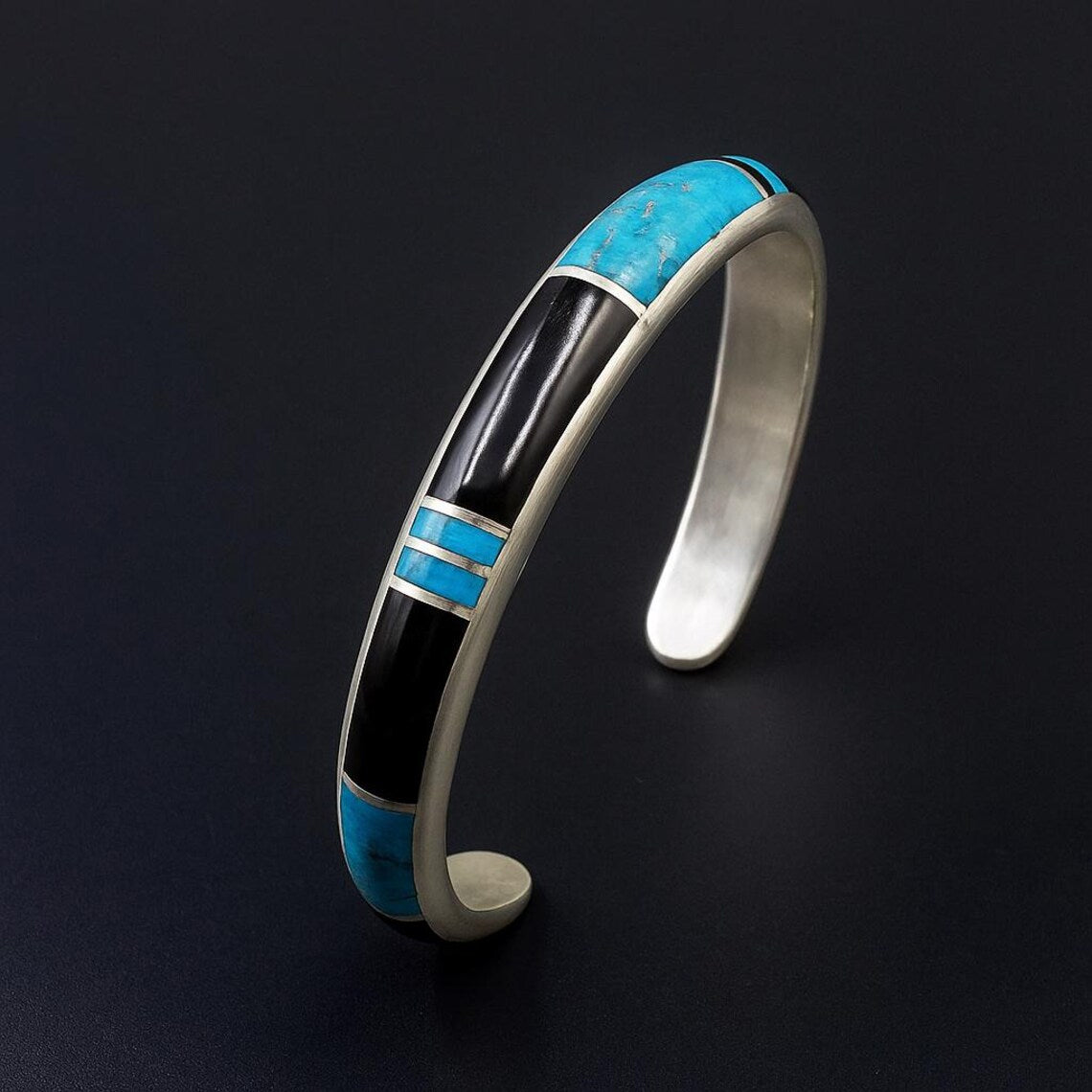 Türkises und schwarzes Onyx-Armband, Türkis-Armband, Sterling-Silber-Armband, Armband für Männer, schwarzes Onyx-Armband