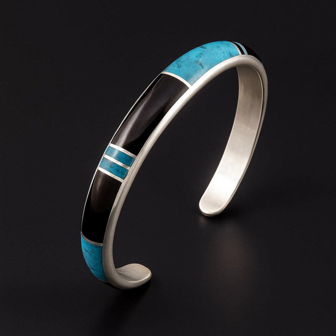 Türkises und schwarzes Onyx-Armband, Türkis-Armband, Sterling-Silber-Armband, Armband für Männer, schwarzes Onyx-Armband