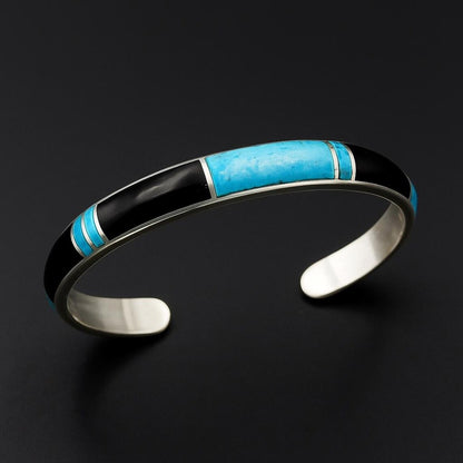 Türkises und schwarzes Onyx-Armband, Türkis-Armband, Sterling-Silber-Armband, Armband für Männer, schwarzes Onyx-Armband
