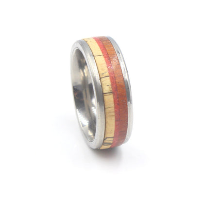 Red Jasper Stone, Rosewood, and Spalted Tamarind Wood Ring