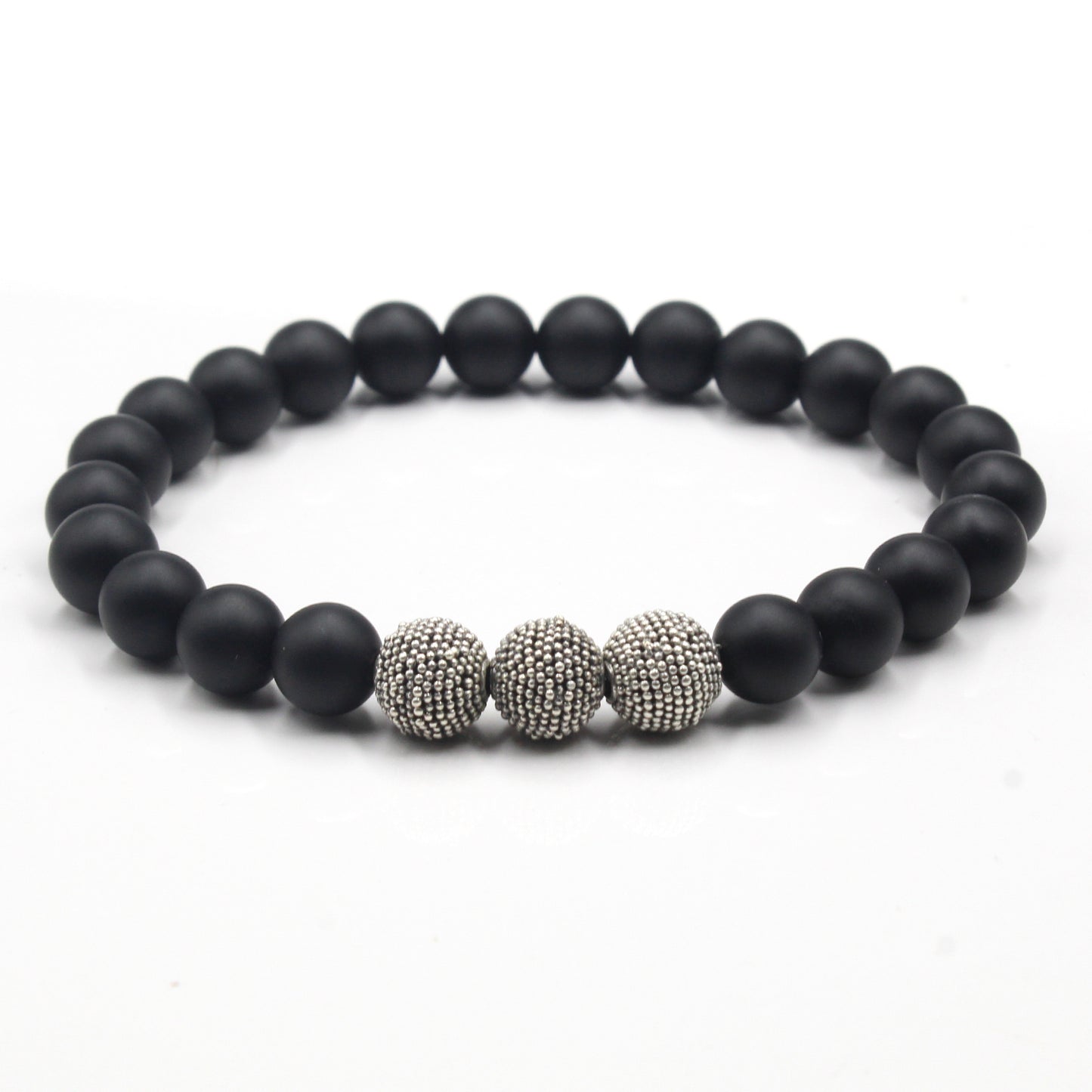 Matte Black Onyx and Sterling Silver Beads