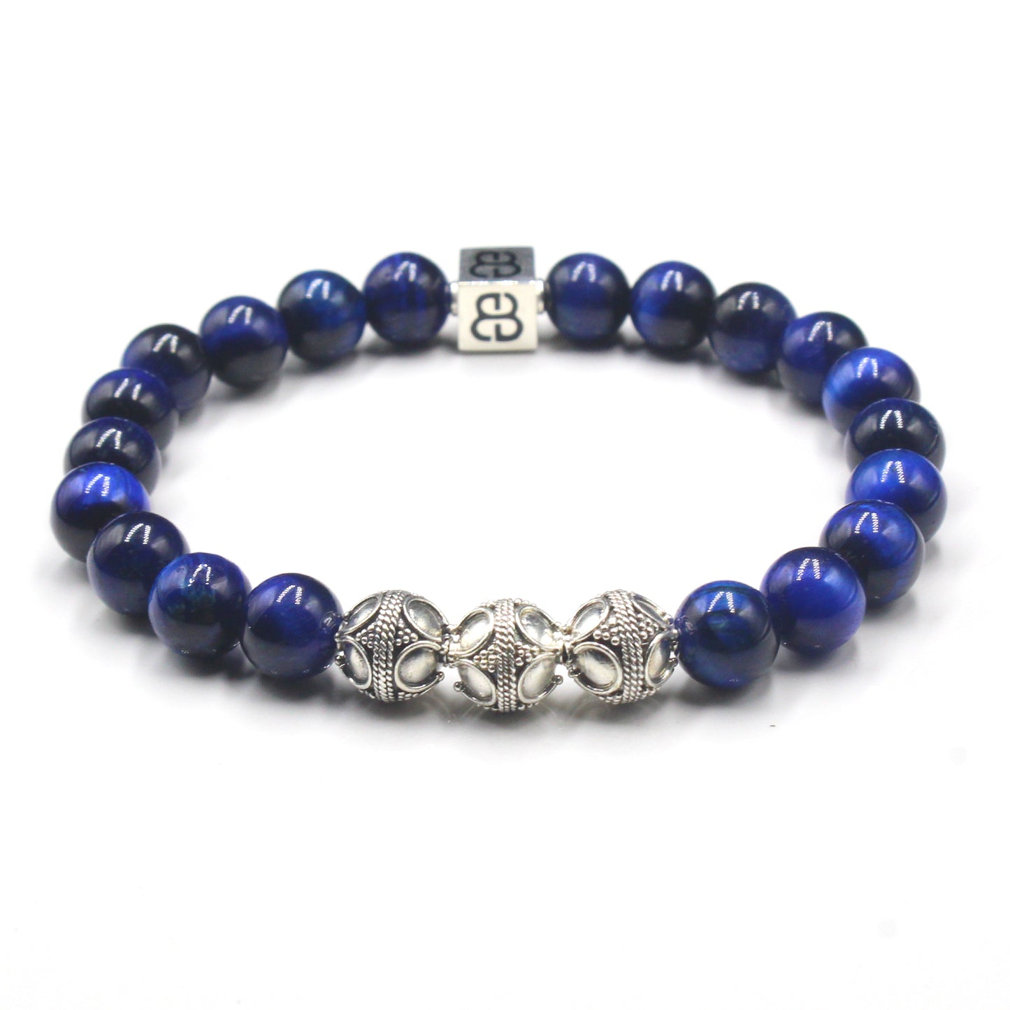 Blue Tiger's Eye Bracelet, Blue Tiger's Eye and Sterling Silver Bali Beads Bracelet, Men's Designer Bracelet