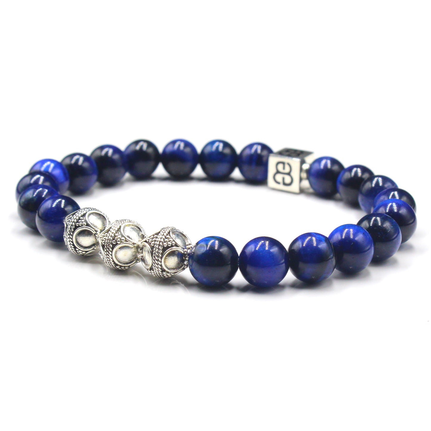 Blue Tiger's Eye Bracelet, Blue Tiger's Eye and Sterling Silver Bali Beads Bracelet, Men's Designer Bracelet