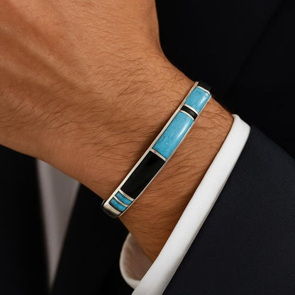 Türkises und schwarzes Onyx-Armband, Türkis-Armband, Sterling-Silber-Armband, Armband für Männer, schwarzes Onyx-Armband