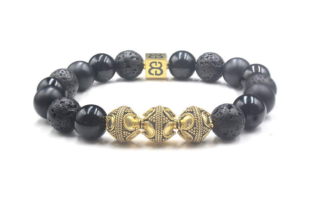 Mixed Black Stone and 22 Karat Gold Bracelet, Men's Beaded Bracelet, Onyx and Lava Bracelet