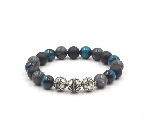 Teal Blue Tiger's Eye, Black Onyx, and Larvikite Bracelet, Mixed Stone and Sterling Silver Bali Beads Bracelet, Men's Designer Bracelet