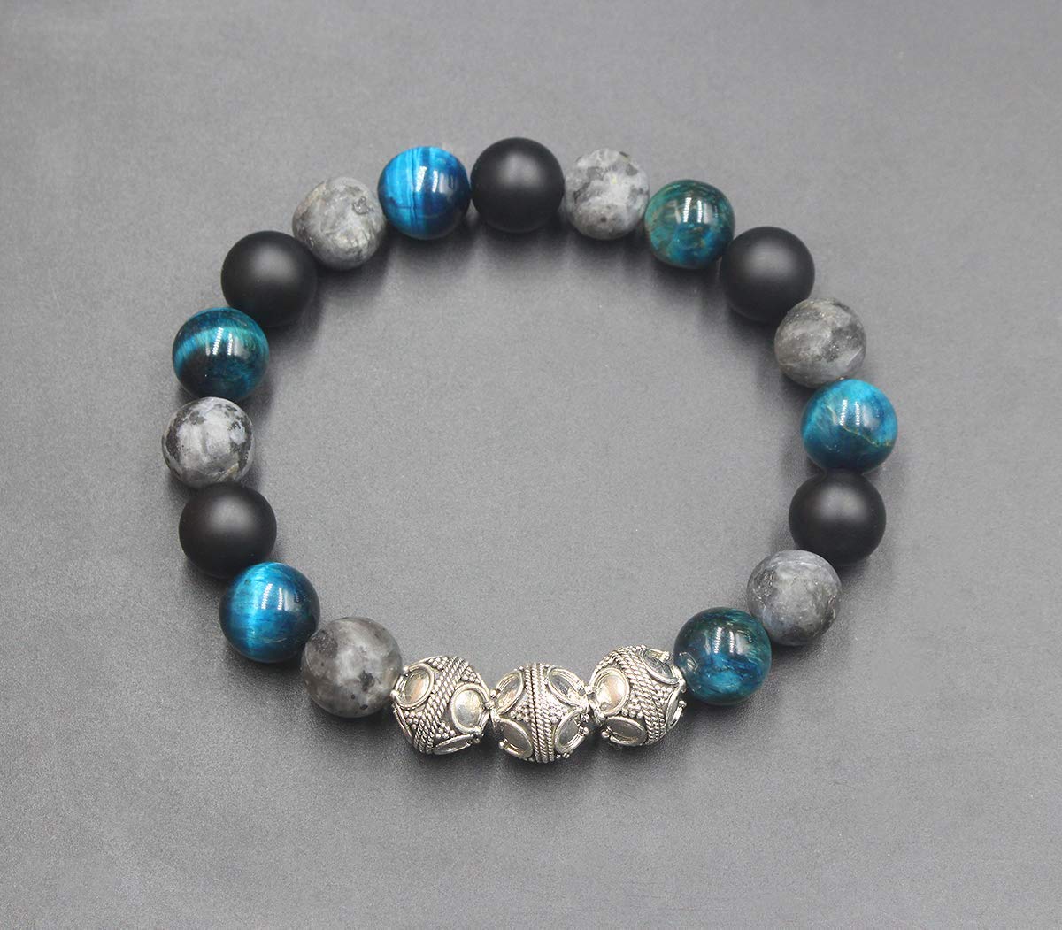 Teal Blue Tiger's Eye, Black Onyx, and Larvikite Bracelet, Mixed Stone and Sterling Silver Bali Beads Bracelet, Men's Designer Bracelet
