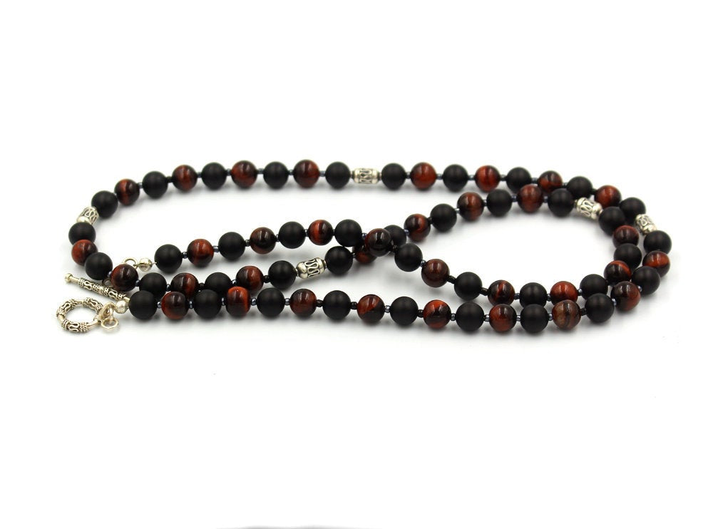 Red Tiger's Eye, Matte Black Onyx, and Sterling Silver