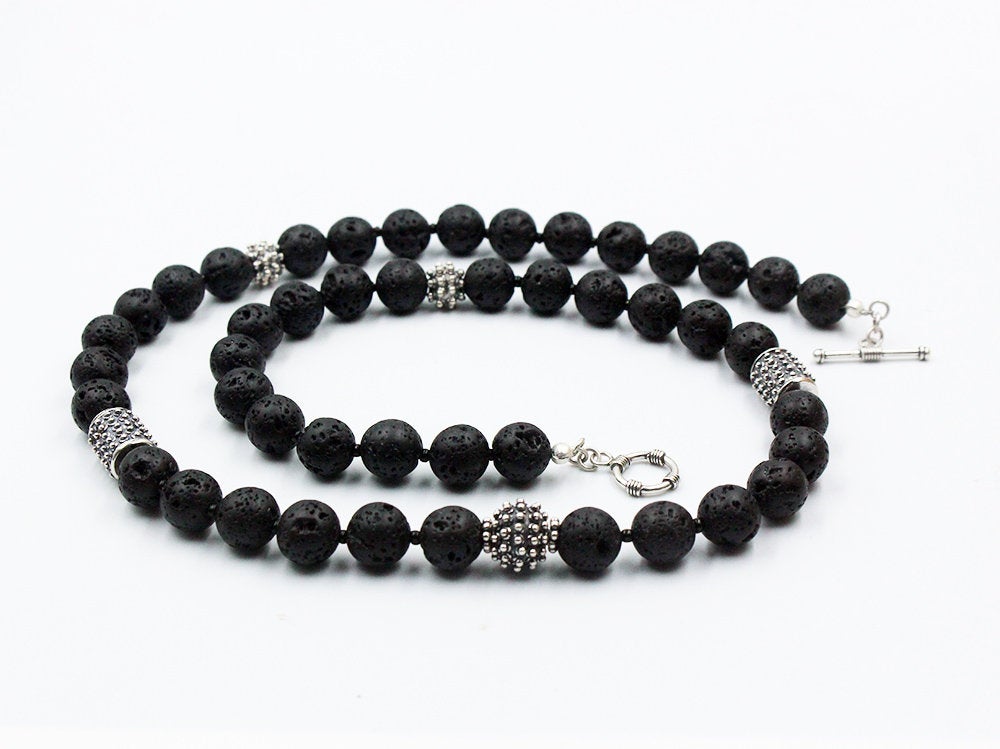 Lava Stone and Sterling Silver Bali Beads